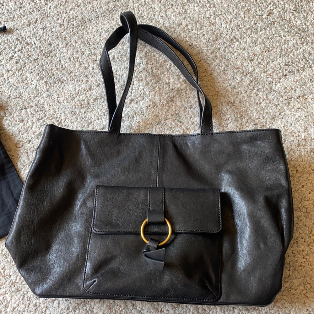 Frye Black Leather Tote with Front Pocket and Gold Ring Accent